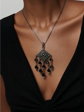 Vintage 925 Italy Sterling Silver Black Onyx Fringe Pendant Necklace